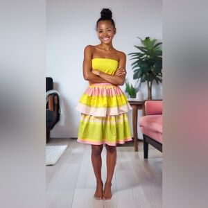 0096 New York & Company Strapless Yellow and Pink Mini Dress